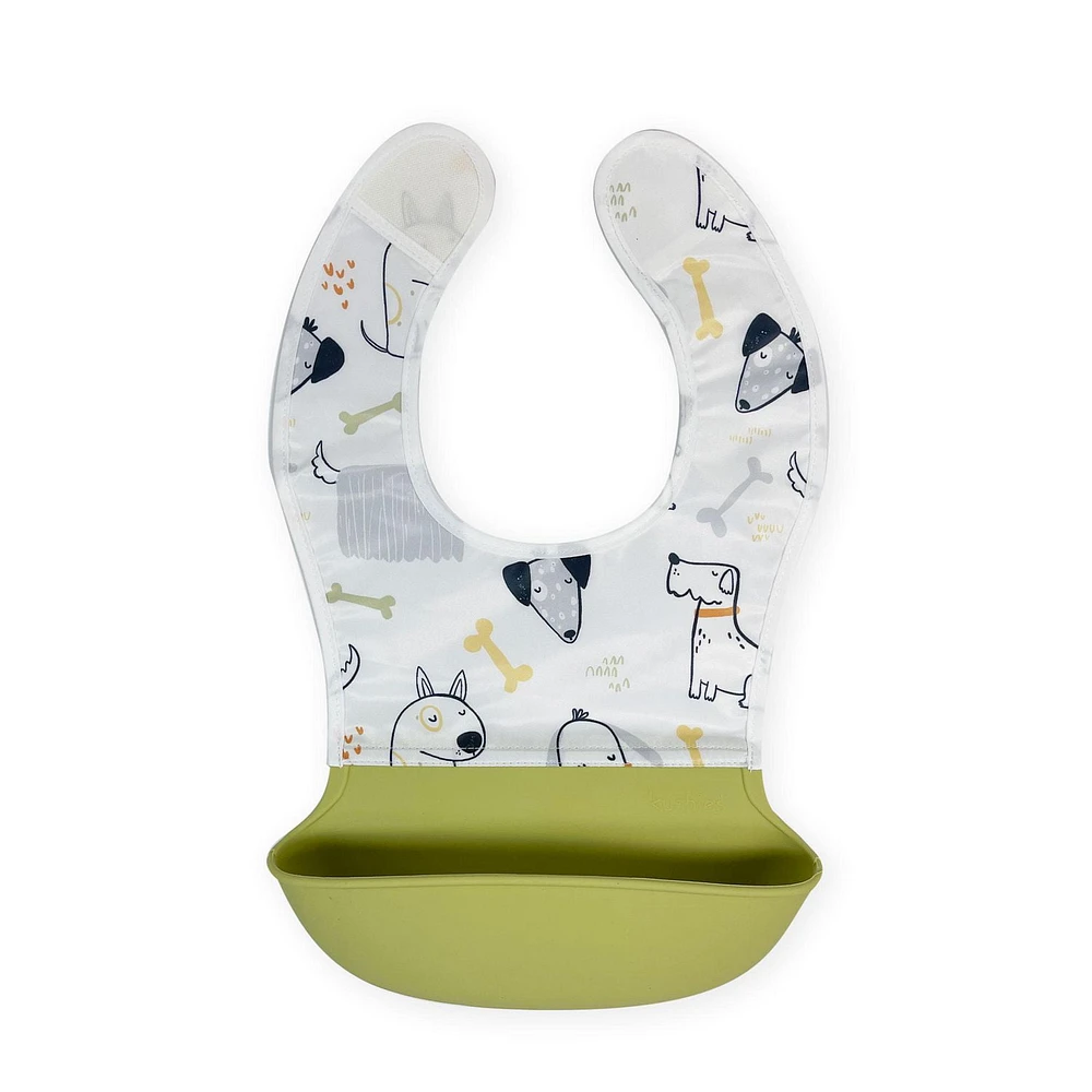 Kushies Silisoft bib - Soft Waterproof Baby Feeding Bib with Catch-All Silicone pocket -Eco-friendly Food Catcher- Doodle dogs