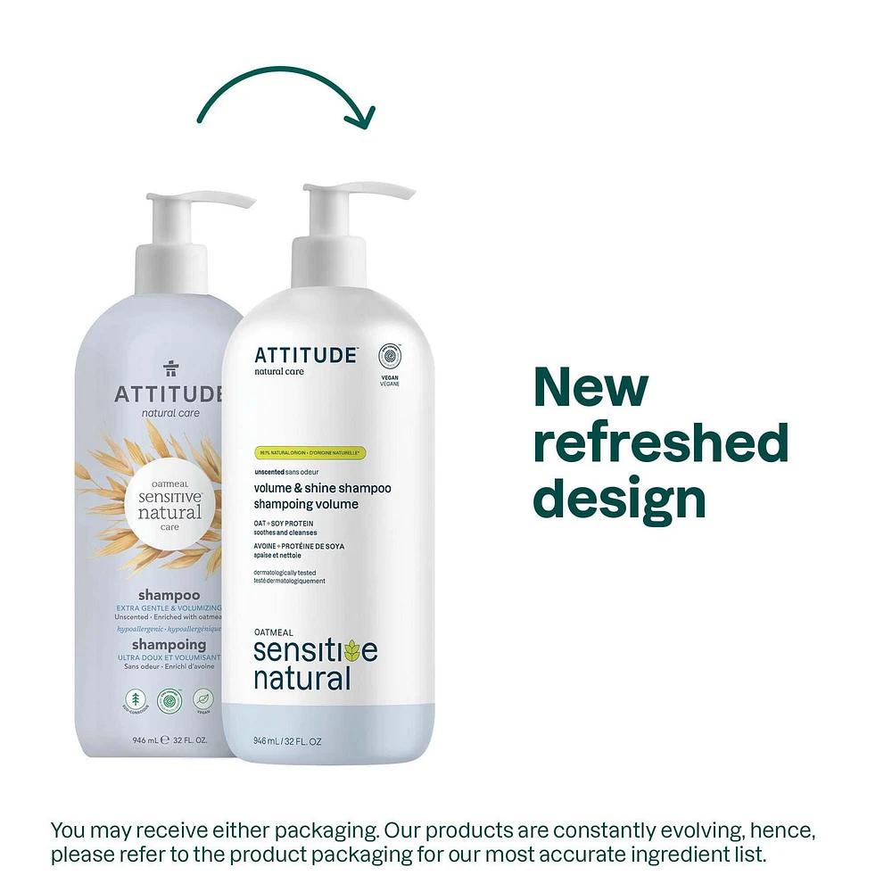 ATTITUDE oatmeal sensitive natural, Volume & Shine Shampoo, Oat & Soy Protein, Unscented, 946 mL