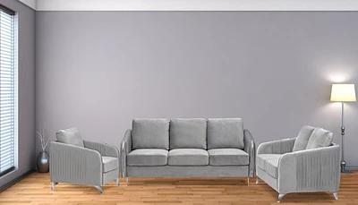 K-LIVING DAPHNE PLUSH VELVET SOFA SET WITH CHROME LEGS IN GREY (Includes Sofa, Loveseat and Chair)