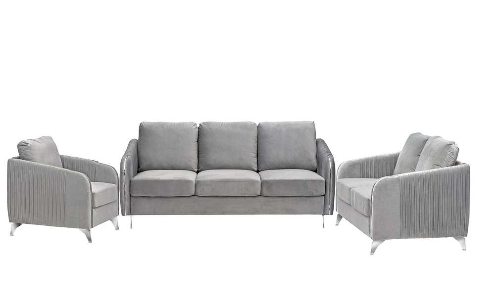 K-LIVING DAPHNE PLUSH VELVET SOFA SET WITH CHROME LEGS IN GREY (Includes Sofa, Loveseat and Chair)