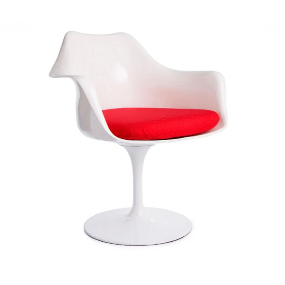 White Dining Chair, Red Upholstered seat, Armchair, Chair swivels 360°.