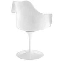 White Dining Chair, Red Upholstered seat, Armchair, Chair swivels 360°.