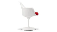 White Dining Chair, Red Upholstered seat, Armchair, Chair swivels 360°.