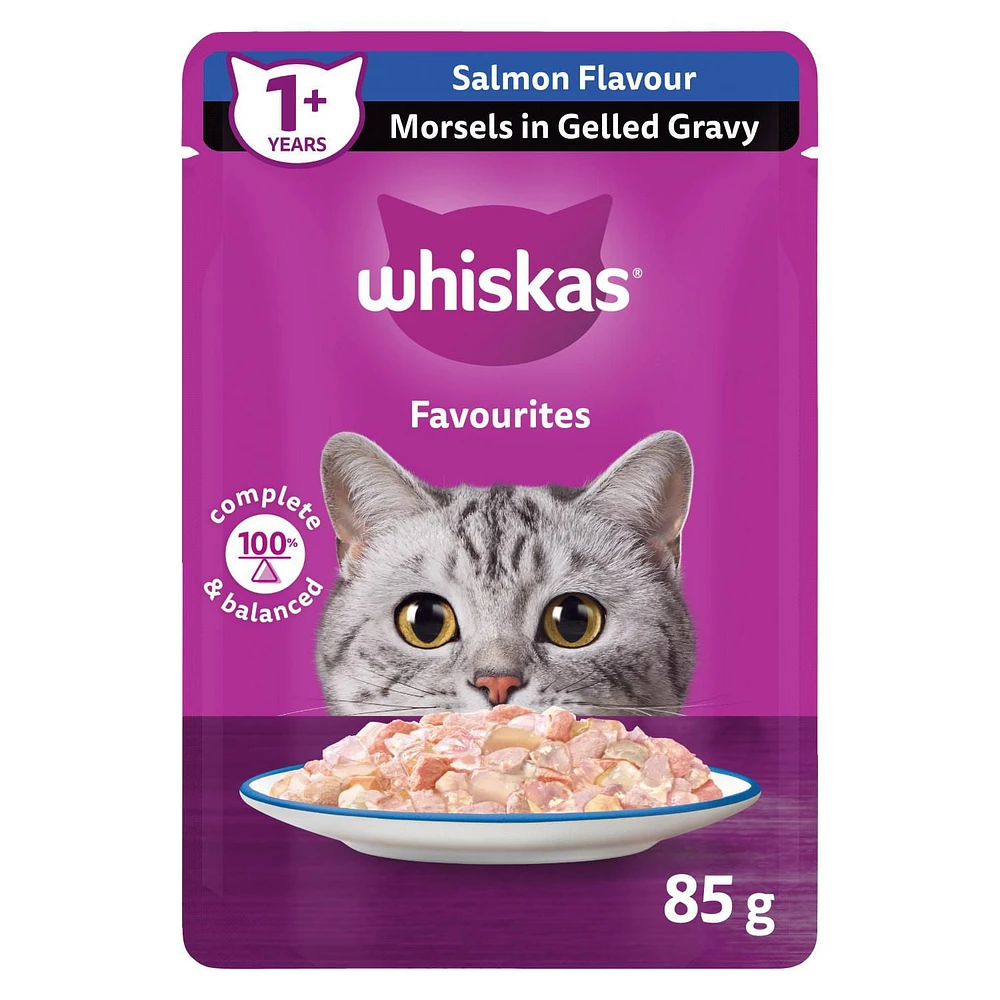Nourriture humide pour chats adultes WHISKAS FAVORIS bouchées dans une sauce en gelée – saveur de saumon 85 g