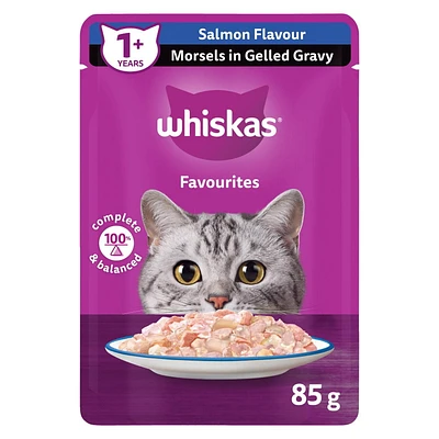 Nourriture humide pour chats adultes WHISKAS FAVORIS bouchées dans une sauce en gelée – saveur de saumon 85 g