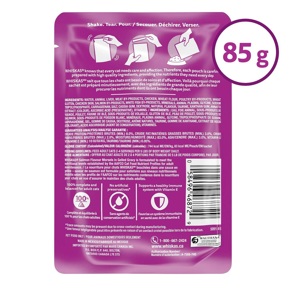 Nourriture humide pour chats adultes WHISKAS FAVORIS bouchées dans une sauce en gelée – saveur de saumon 85 g
