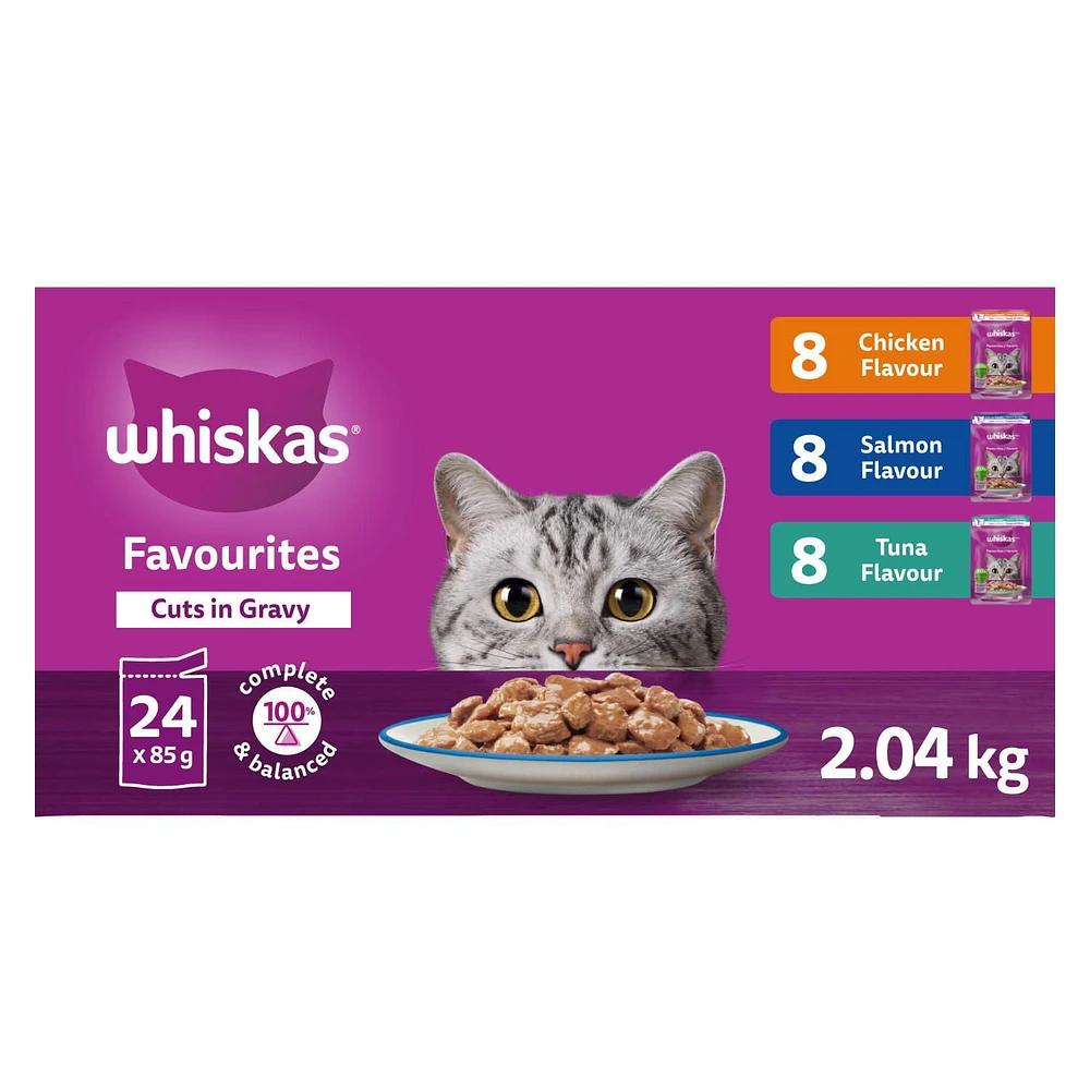WHISKAS FAVOURITES Adult Wet Cat Food Cuts in Gravy Chicken Flavour, Salmon Flavour, and Tuna Flavour Pouch Variety Pack, 24x85g