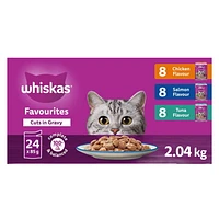 WHISKAS FAVOURITES Adult Wet Cat Food Cuts in Gravy Chicken Flavour, Salmon Flavour, and Tuna Flavour Pouch Variety Pack, 24x85g