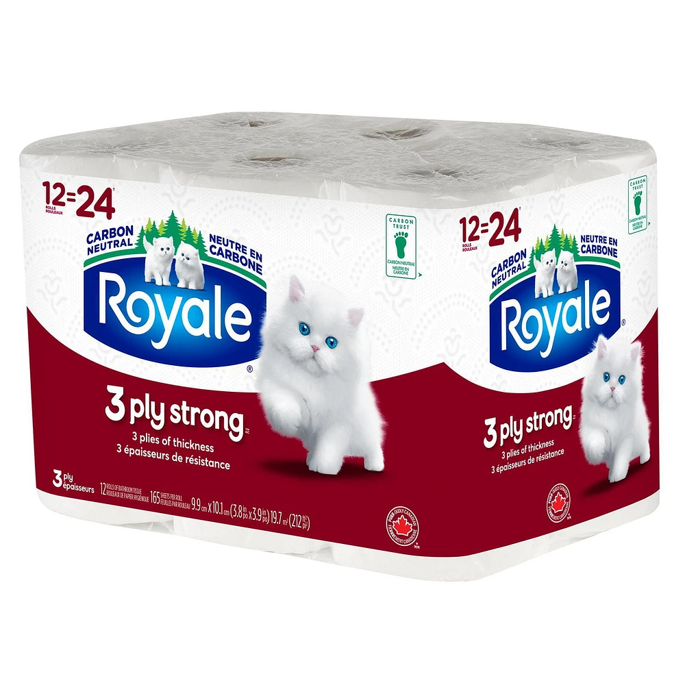 Royale 3 Ply Strong Toilet Paper, 12 Equal 24 Bath tissue rolls, 3-ply, 165 Sheet per roll