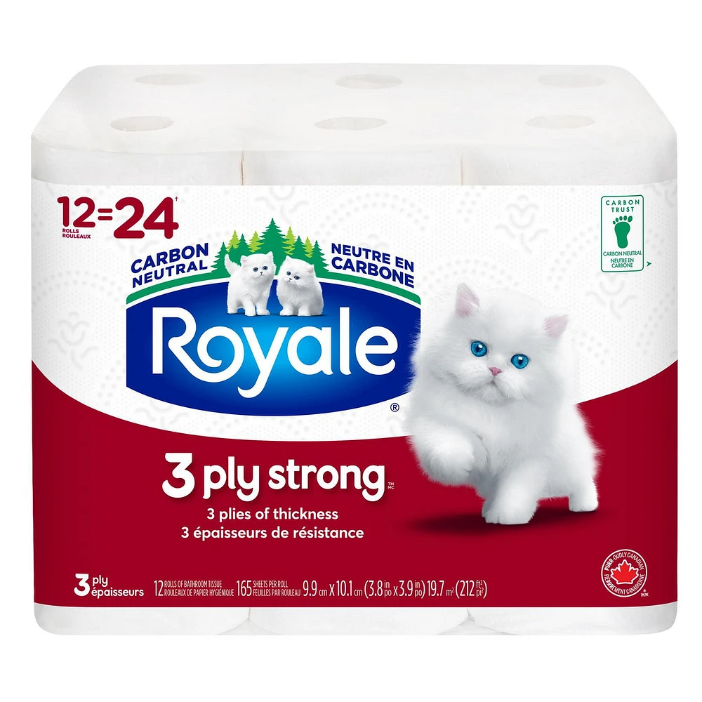 Royale 3 Ply Strong Toilet Paper, 12 Equal 24 Bath tissue rolls, 3-ply, 165 Sheet per roll