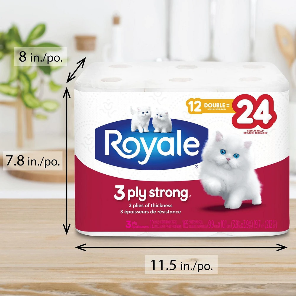 Royale 3 Ply Strong Toilet Paper, 12 Equal 24 Bath tissue rolls, 3-ply, 165 Sheet per roll