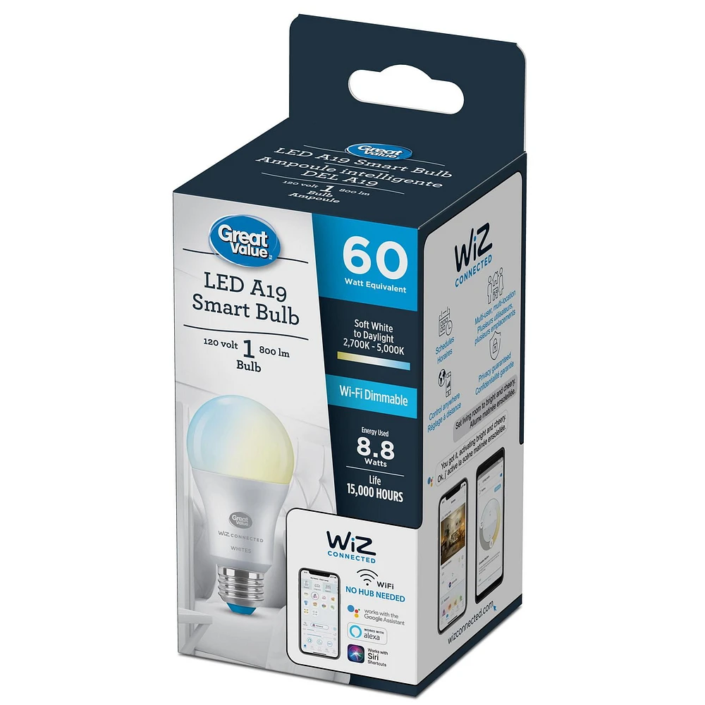 Great Value Wiz Tunable White A19 WiFi bulb, Smart Wifi Bulb A19