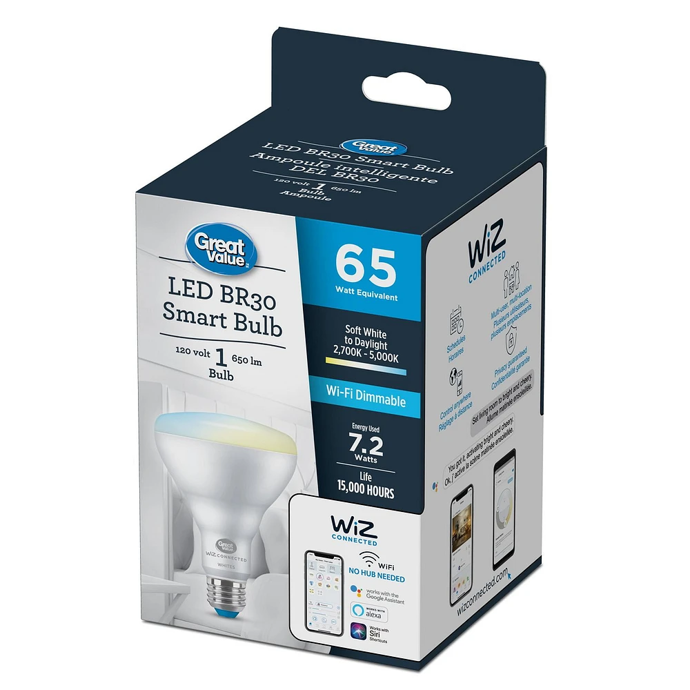 Great Value Wiz Tunable White BR30 WiFi bulb, BR30, Dimmable, 65W