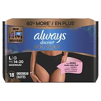 Always Discreet Boutique Incontinence and Postpartum Underwear for Women, Maximum Protection, L, Black, 18CT