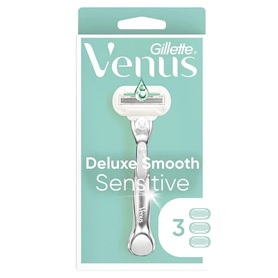 Rasoir Gillette Venus Doux Somptueux Sensible pour femmes, manche de rasoir avec de rechange manche avec 3 cartouches de rechange