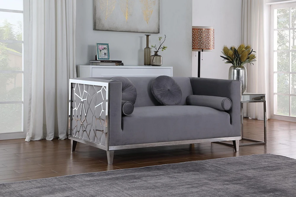 K-Living Darlene Grey Plush Velvet Loveseat With Chrome Stainless Steel Detailing on Arm Sides