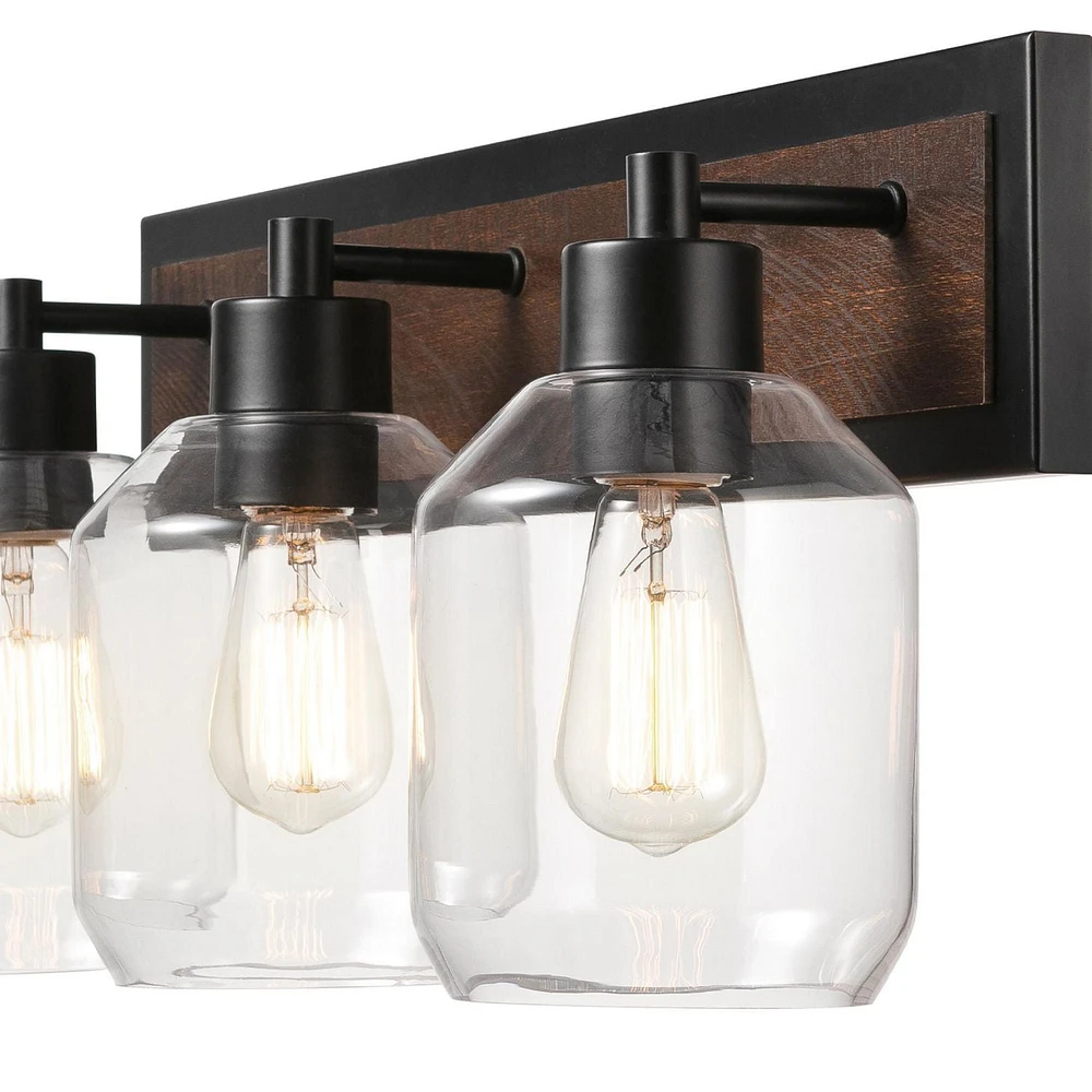 Globe Electric Williamsburg 3-Light Metal Vanity Light, Matte Black, Faux Wood Accent, Clear Glass Shades, 51708