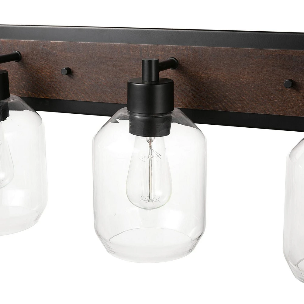 Globe Electric Williamsburg 3-Light Metal Vanity Light, Matte Black, Faux Wood Accent, Clear Glass Shades, 51708