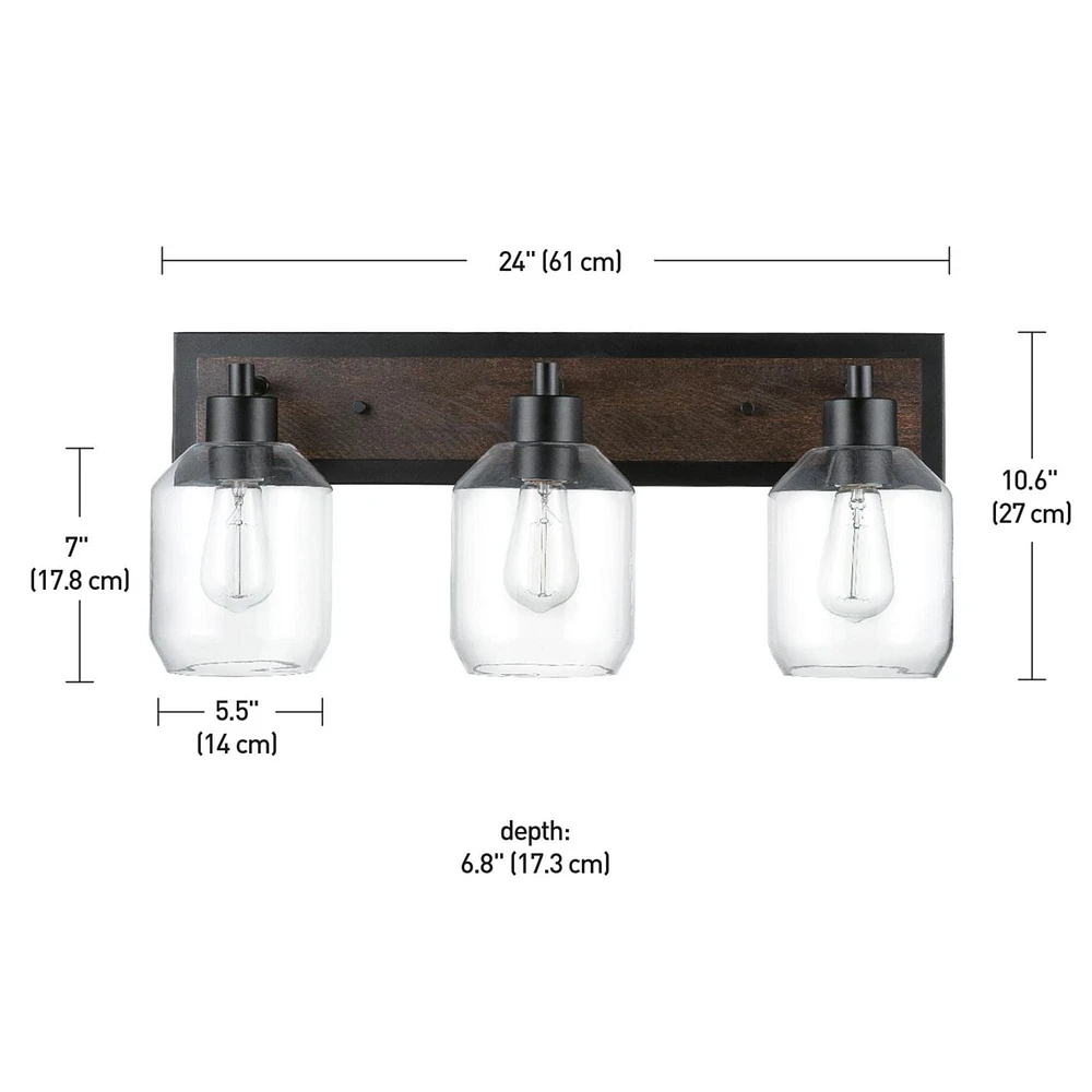 Globe Electric Williamsburg 3-Light Metal Vanity Light, Matte Black, Faux Wood Accent, Clear Glass Shades, 51708