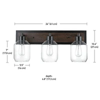 Globe Electric Williamsburg 3-Light Metal Vanity Light, Matte Black, Faux Wood Accent, Clear Glass Shades, 51708