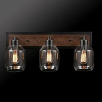 Globe Electric Williamsburg 3-Light Metal Vanity Light, Matte Black, Faux Wood Accent, Clear Glass Shades, 51708