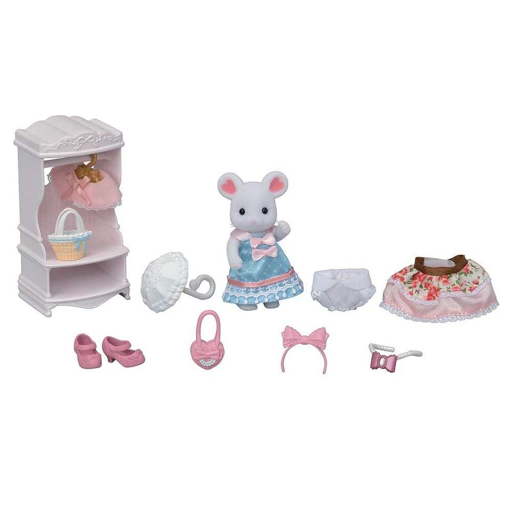 Calico Critters Fashion Playset Sugar Sweet Collection, Dollhouse Playset with Marshmallow Mouse Figure and Fashion Accessories