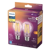 Philips 60-Watt Equivalent A19 Filament Ultra Definition Dimmable LED bulb, Soft White WarmGlow (2-Pack), Philips 60W A19 Filament SW