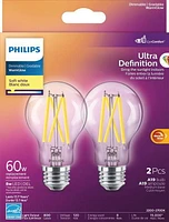 Philips 60-Watt Equivalent A19 Filament Ultra Definition Dimmable LED bulb, Soft White WarmGlow (2-Pack), Philips 60W A19 Filament SW