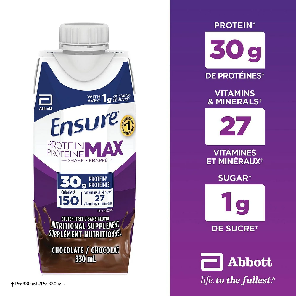 Ensure Protein Max 30 g Nutrition Shake Supplement, Chocolate Protein Drink with 30 g of High-Quality Protein, 1 g of Sugar, 330 mL (Pack of 4), 1320 mL, Chocolate, 4 x 330 mL