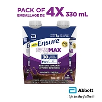 Ensure Protein Max 30 g Nutrition Shake Supplement, Chocolate Protein Drink with 30 g of High-Quality Protein, 1 g of Sugar, 330 mL (Pack of 4), 1320 mL, Chocolate, 4 x 330 mL