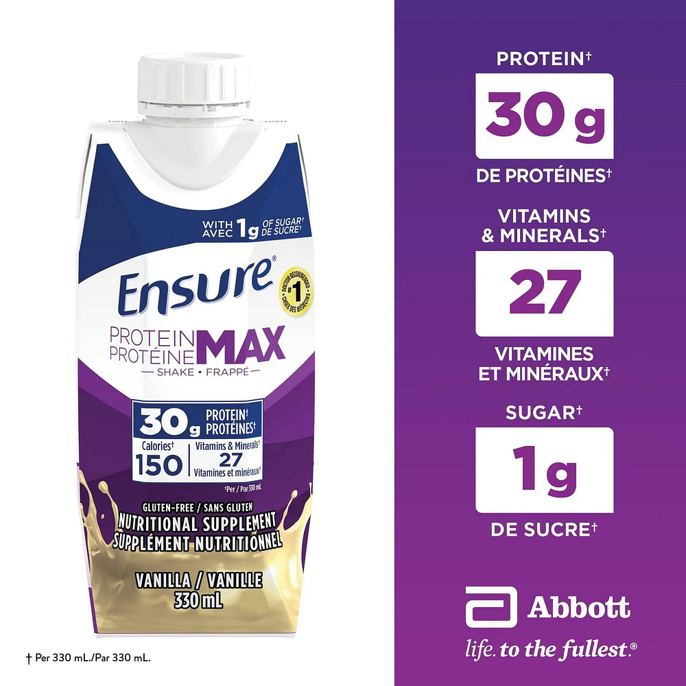 Ensure Protein Max 30 g Nutrition Shake Supplement, Vanilla Protein Drink with 30 g of High-Quality Protein, 1 g of Sugar, 330 mL (Pack of 4), 1320 mL, Vanilla, 4 x 330 mL