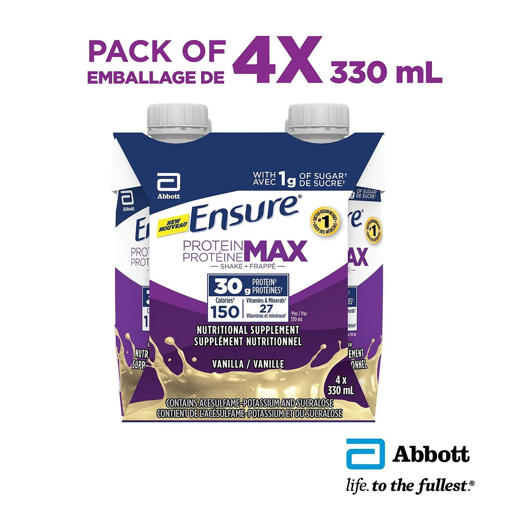 Ensure Protein Max 30 g Nutrition Shake Supplement, Vanilla Protein Drink with 30 g of High-Quality Protein, 1 g of Sugar, 330 mL (Pack of 4), 1320 mL, Vanilla, 4 x 330 mL