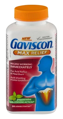 Gaviscon Max Relief Chewable Foamtabs Peppermint with Cooling Action, 50 Chewable Foamtabs