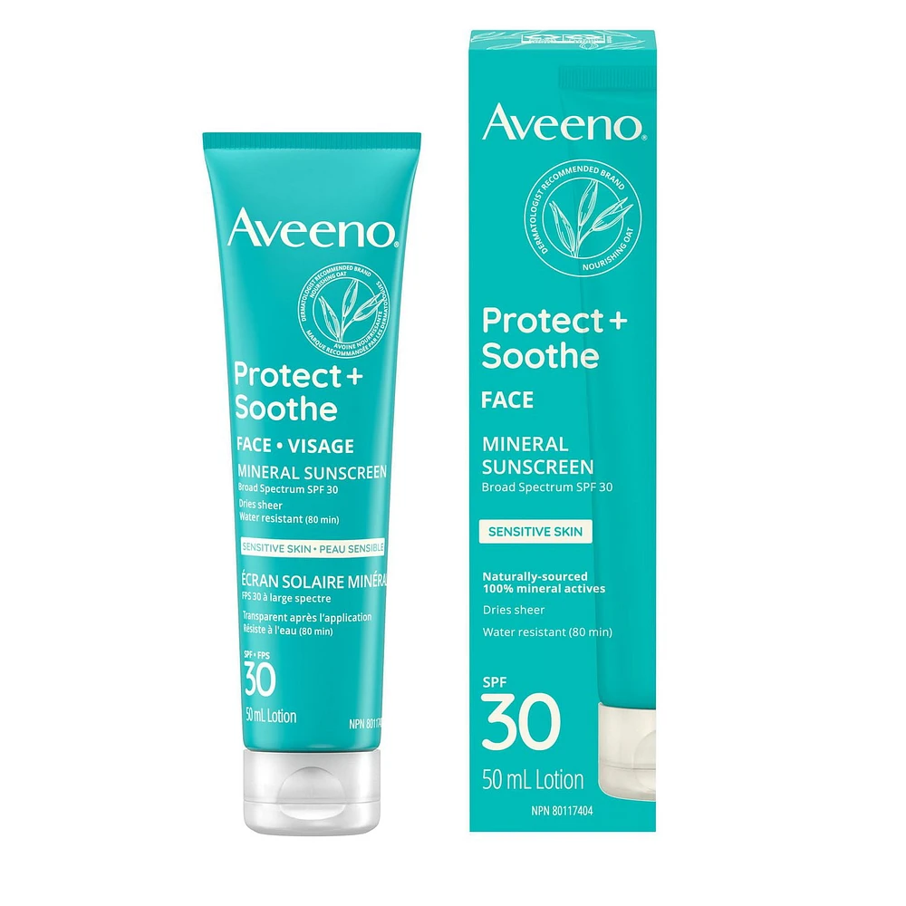 Aveeno Protect + Soothe Face Mineral Sunscreen SPF 30, Ideal for Sensitive Skin, Oat & Mineral Formula, Dries Sheer, UVA/UVB, Face Sunscreen,  Fragrance Free, 50 mL