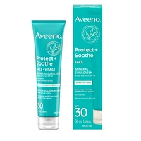 Aveeno Protect + Soothe Face Mineral Sunscreen SPF 30, Ideal for Sensitive Skin, Oat & Mineral Formula, Dries Sheer, UVA/UVB, Face Sunscreen,  Fragrance Free, 50 mL