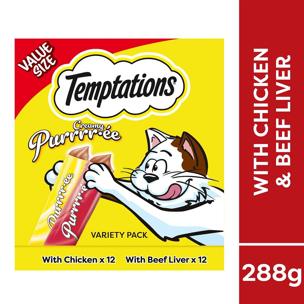 Gâteries pour chats adultes TEMPTATIONS Purrrr∙ée crémeuse avec poulet et avec foie de bœuf 24 x 12 g