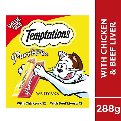 Gâteries pour chats adultes TEMPTATIONS Purrrr∙ée crémeuse avec poulet et avec foie de bœuf 24 x 12 g