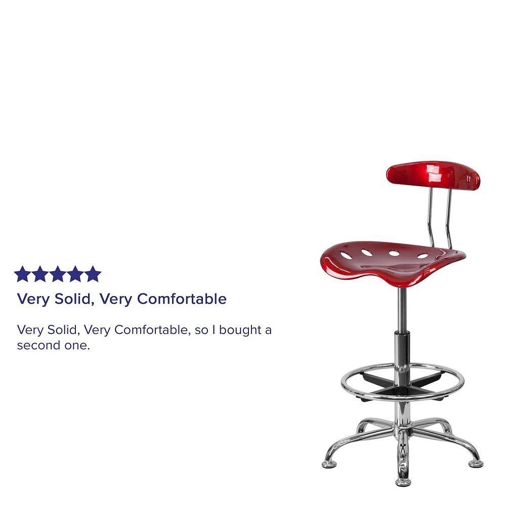 Vibrant Wine Red and Chrome Drafting Stool with Tractor Seat