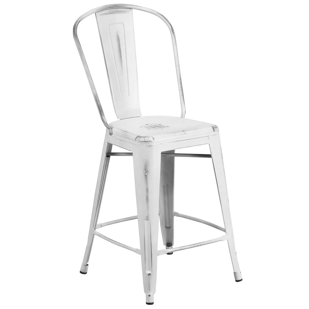 24'' High Distressed White Metal Indoor-Outdoor Counter Height Stool with Back