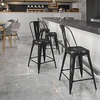 24'' High Distressed Metal Indoor-Outdoor Counter Height Stool with Back