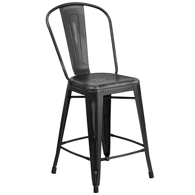 24'' High Distressed Metal Indoor-Outdoor Counter Height Stool with Back