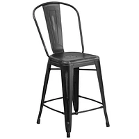 24'' High Distressed Metal Indoor-Outdoor Counter Height Stool with Back