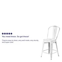 24'' High Distressed White Metal Indoor-Outdoor Counter Height Stool with Back