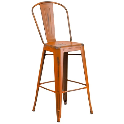 30'' High Distressed Orange Metal Indoor-Outdoor Barstool with Back