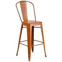 30'' High Distressed Orange Metal Indoor-Outdoor Barstool with Back