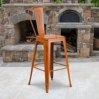 30'' High Distressed Orange Metal Indoor-Outdoor Barstool with Back