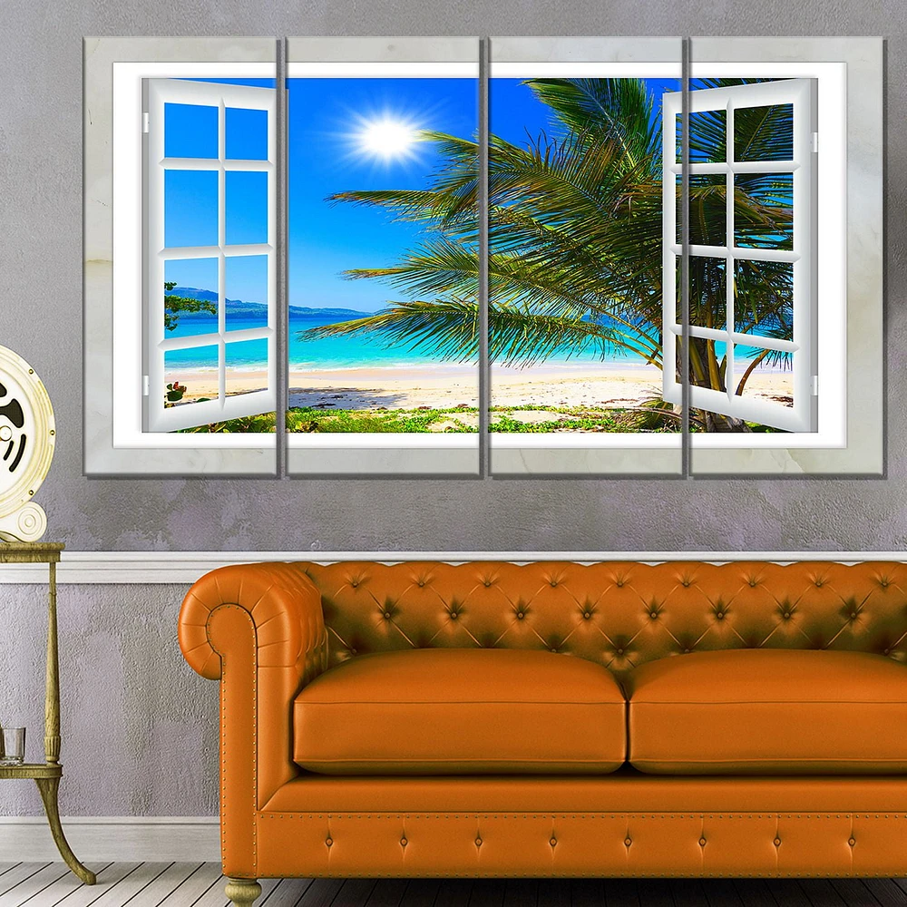 Design Art Window Open to Beach with Palm Extra Large Seashore Canvas Art Print