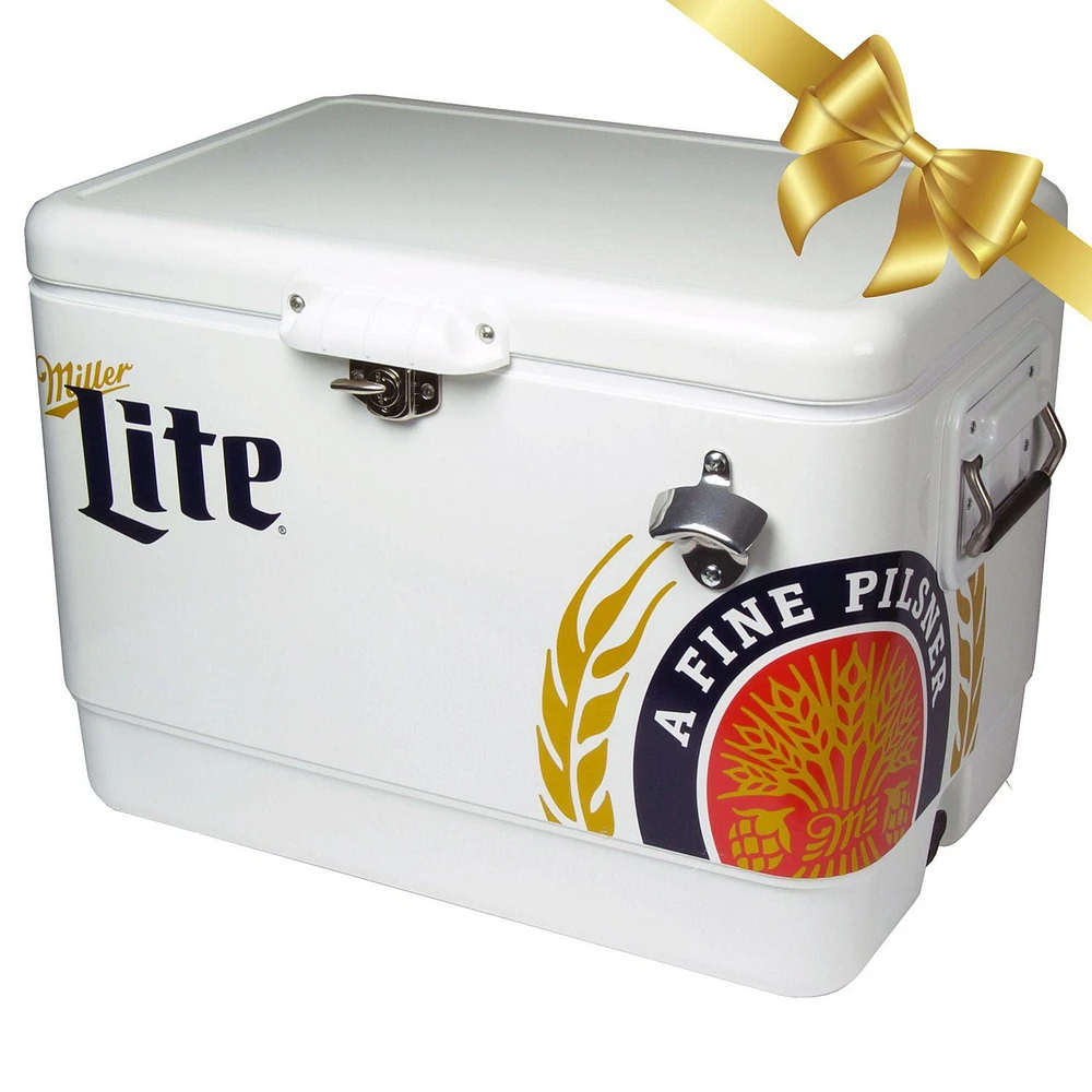 Miller Lite 54-Qt Ice Chest Cooler with Built-In Bottle Opener, Rustproof Portable Camping Cooler for Beach & Outdoor Adventures