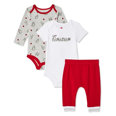 Ensemble 3 pièces avec cache-couche à manches longues et pantalon Canadiana unisexe pour nourrissons