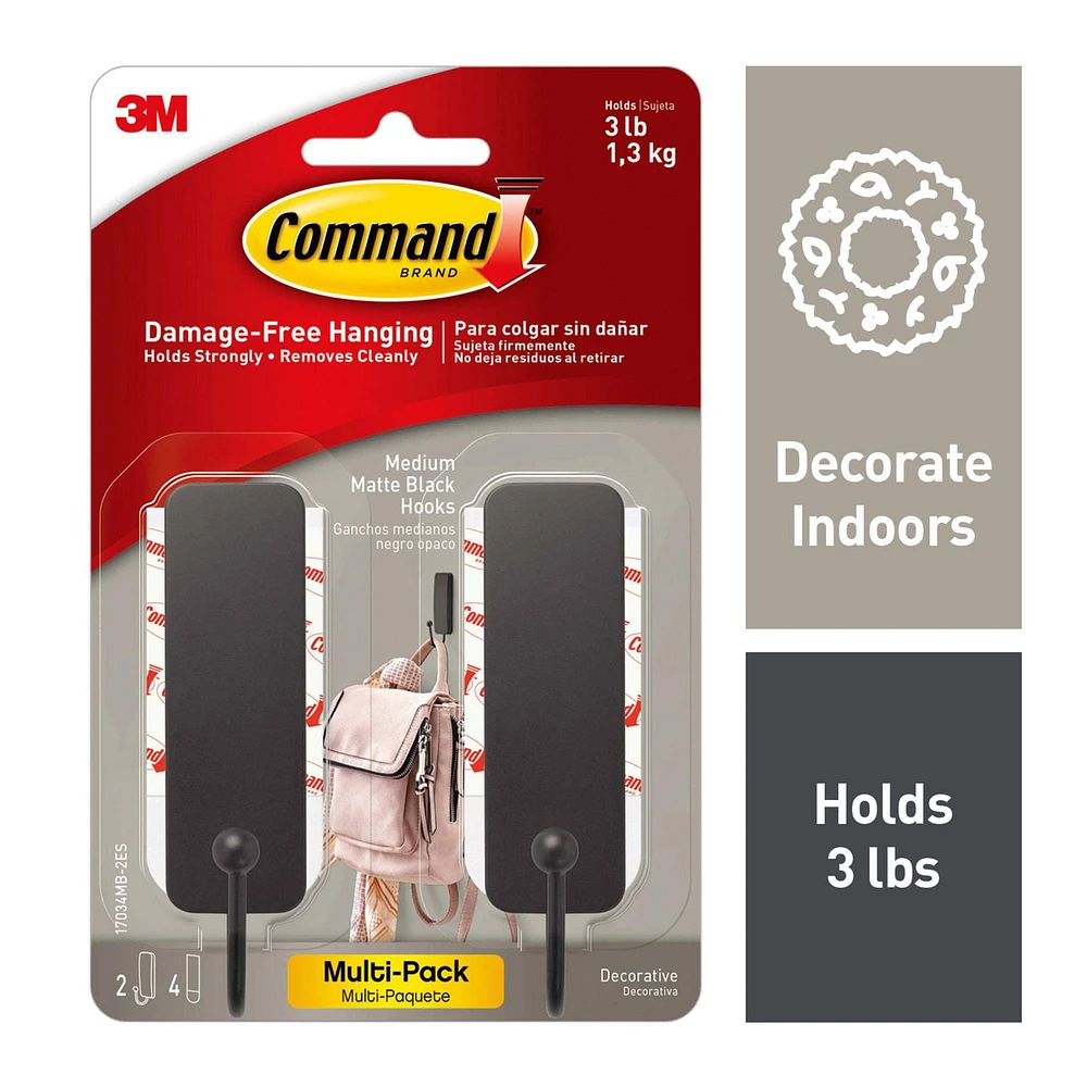 Command™ Hooks 17034MB-2EF, Matte Black, 2 Hooks, 4 Strips, Medium